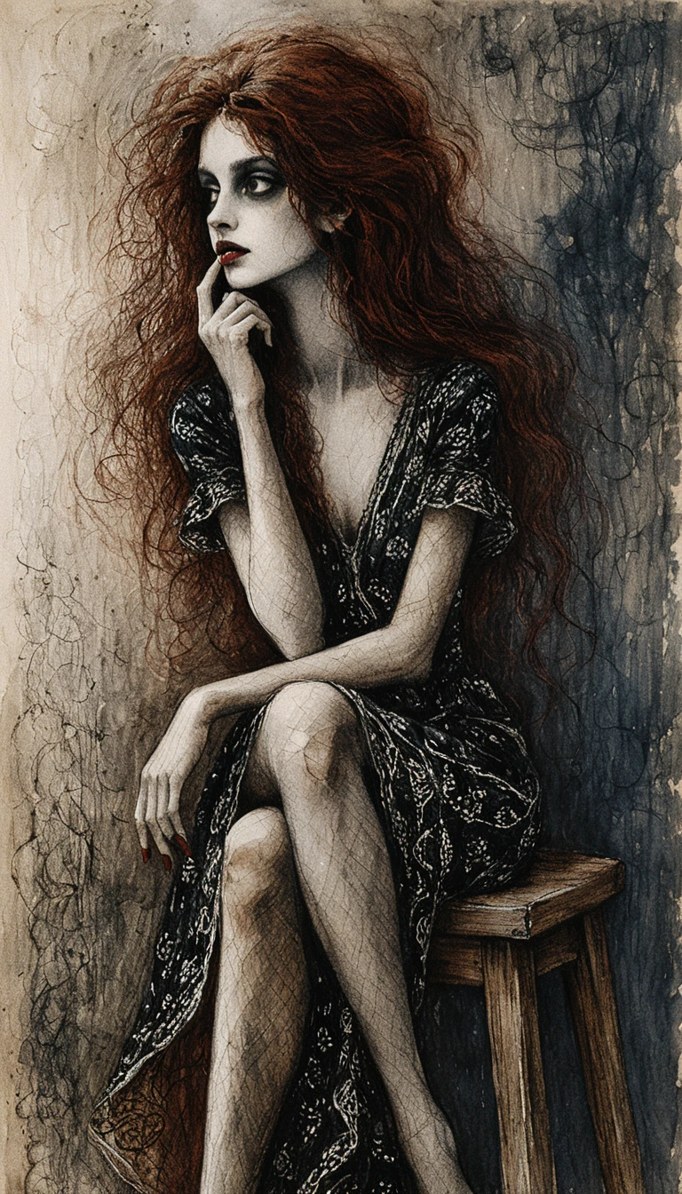 Melancholic gothic woman on wooden stool in charcoal drawing