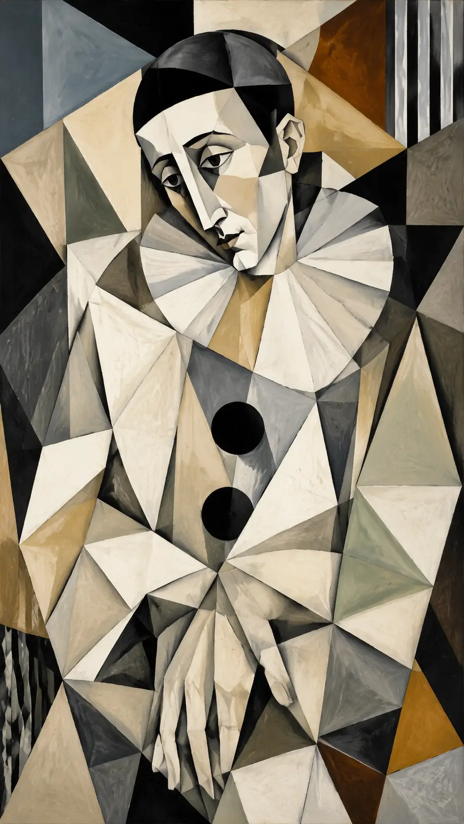 Retrato cubista de um pierrot brincalhão em geometria vibrante