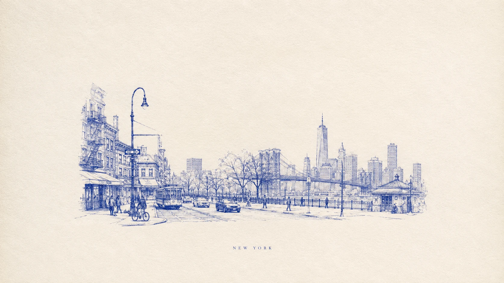 Desenho minimalista em azul cobalto do horizonte arquitetônico de Nova York