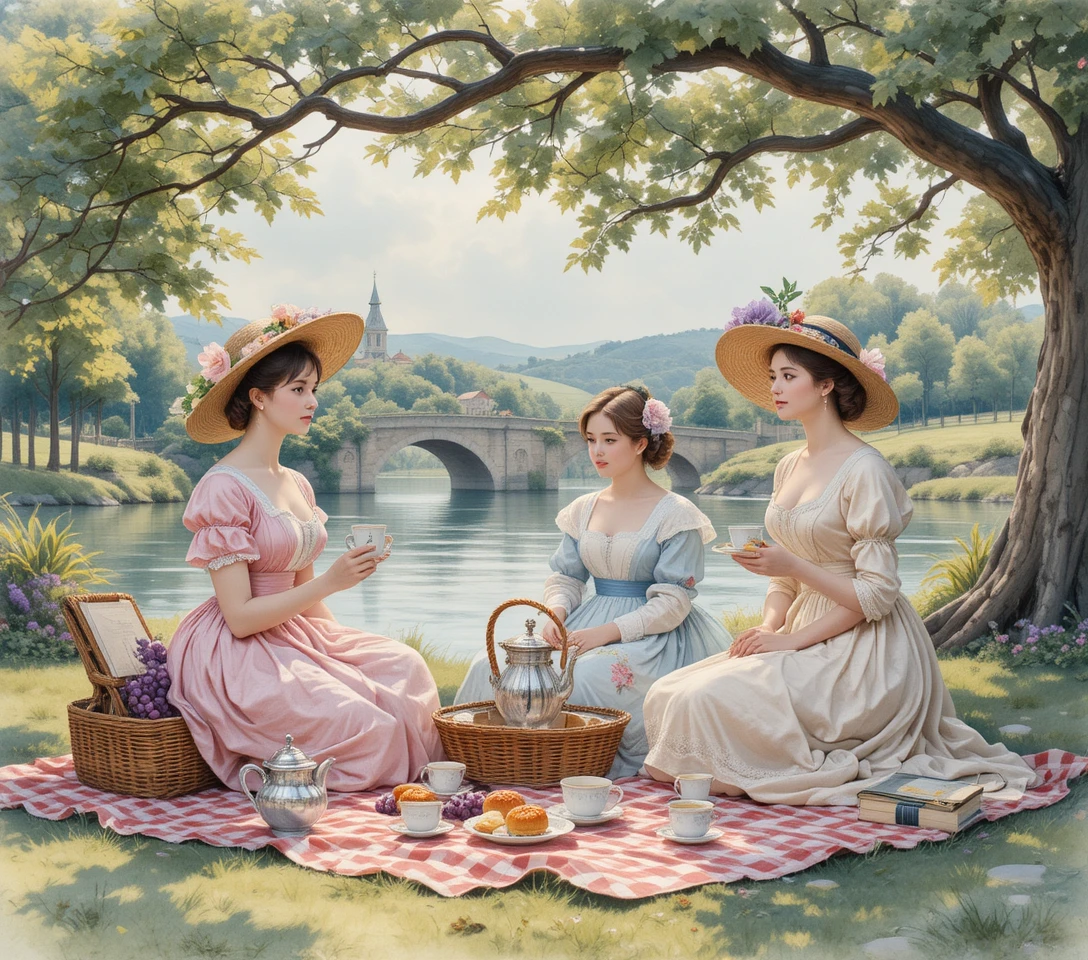 Picnic vittoriano lungo il fiume sotto un albero frondoso