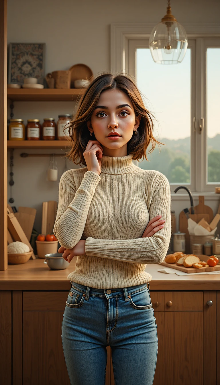 Thoughtful woman standing by an open kitchen pantry