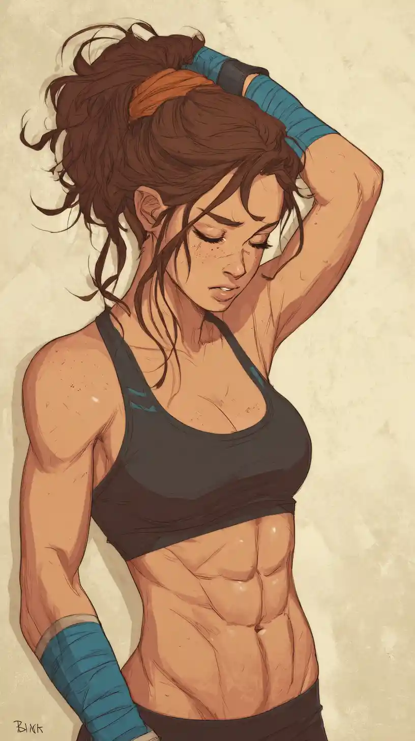 Ilustración de joven mujer atlética boxeadora en tinta y acuarela