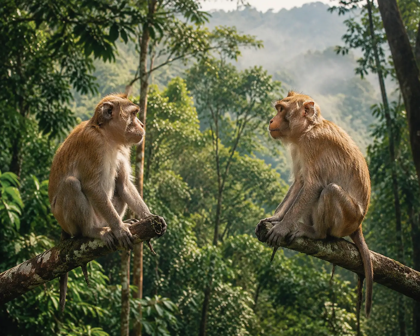 Dois macacos se encarando em galhos de árvores na selva
