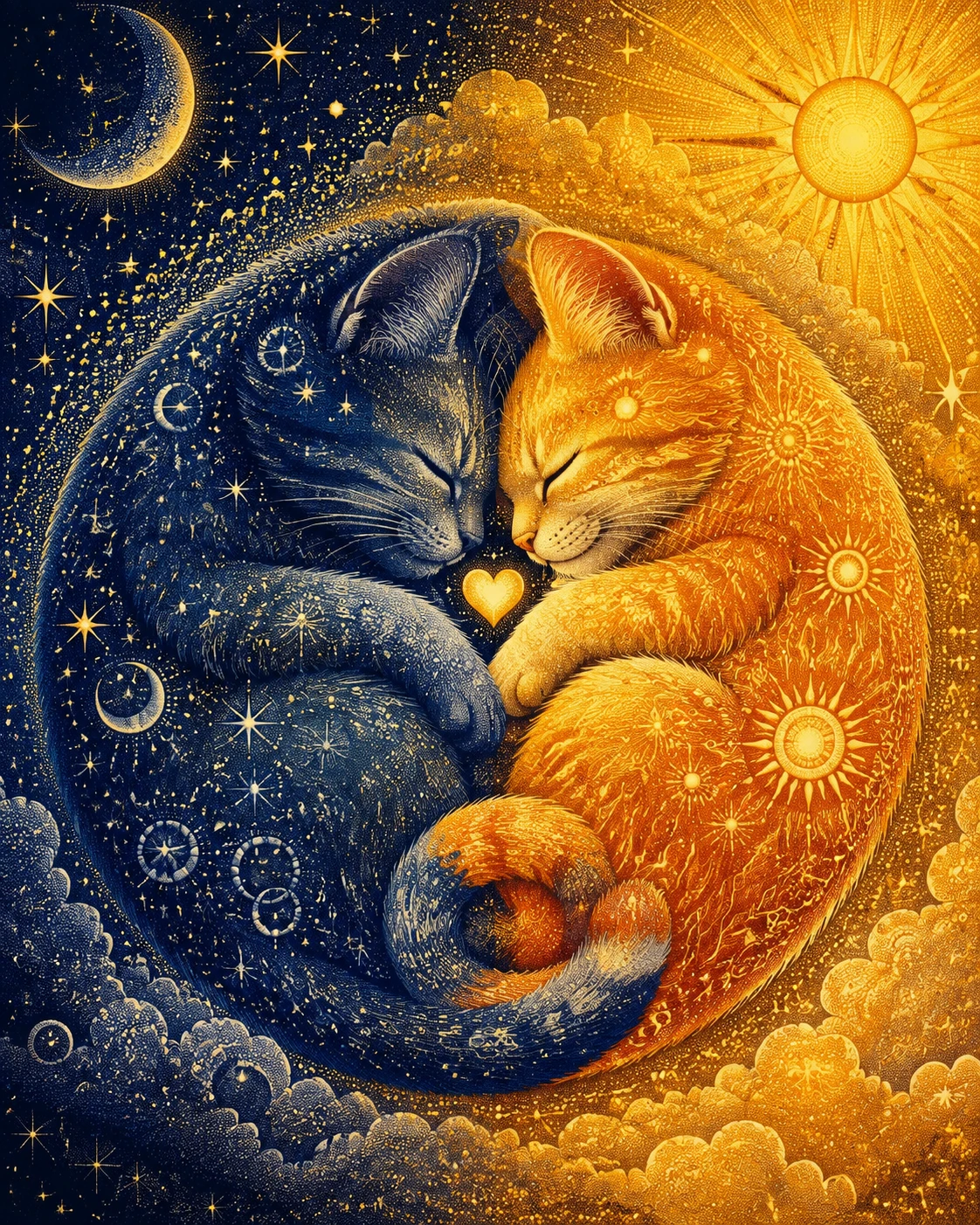 Gatinhos celestiais de lua e sol enroscados em um círculo luminoso
