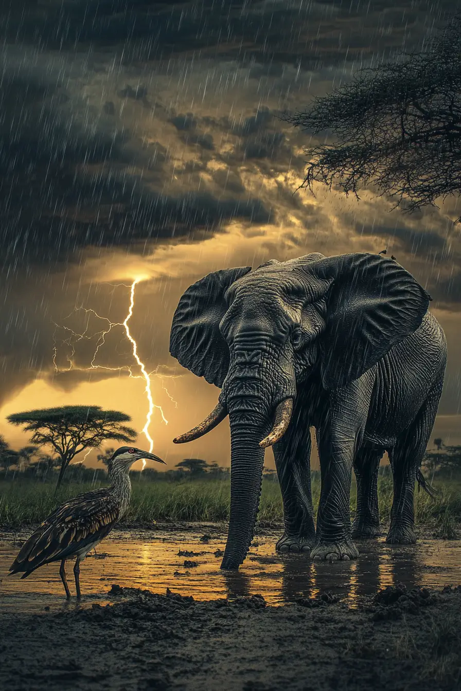 Elefante e ave-secretária sob chuva tempestuosa na savana