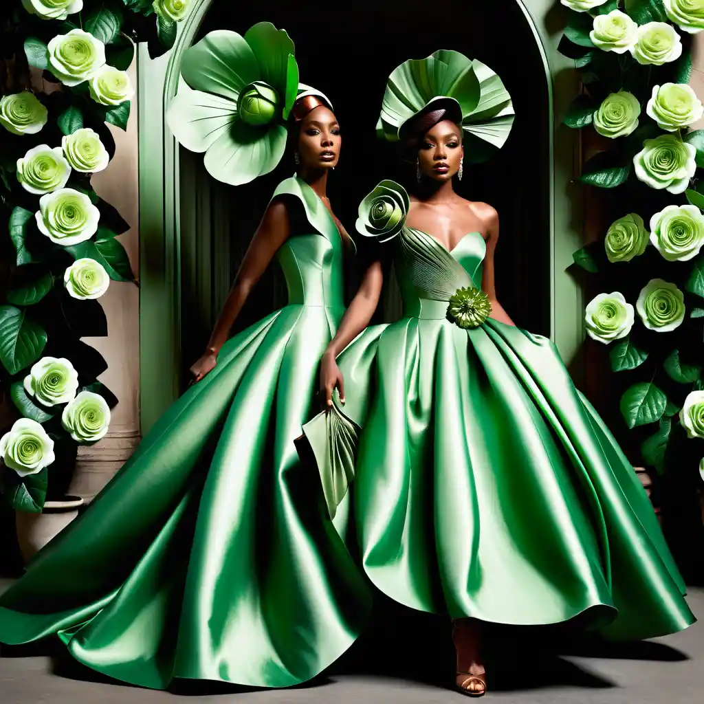 Donne afroamericane in abiti di alta moda floreali scultorei