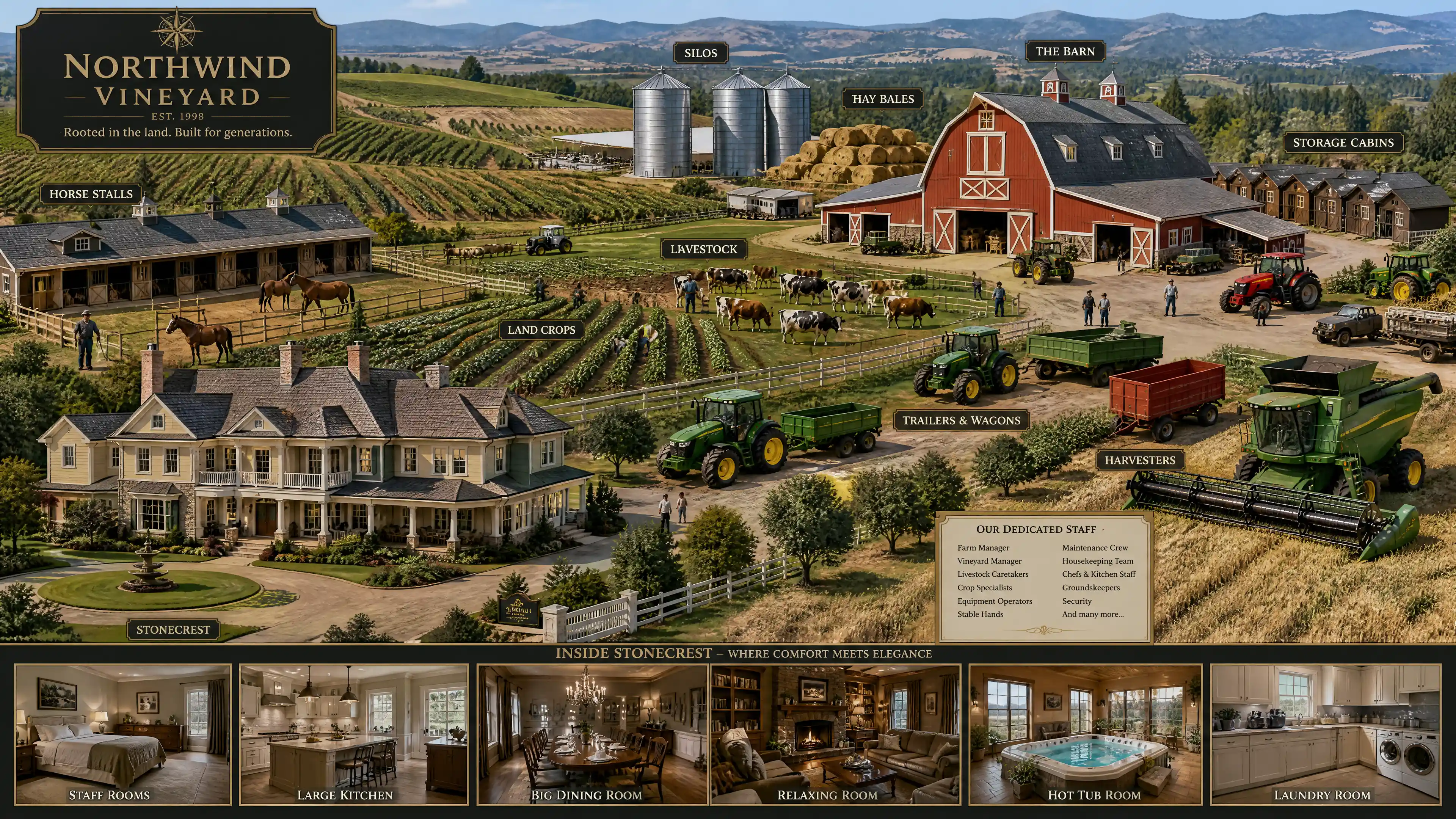 Vigneto operativo con fienili e attrezzature agricole
