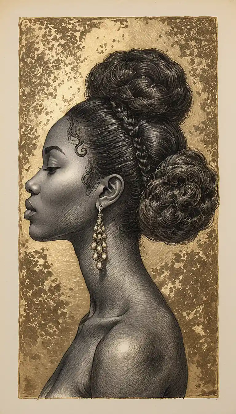 Retrato de perfil a carboncillo de una mujer negra con cabello escultural