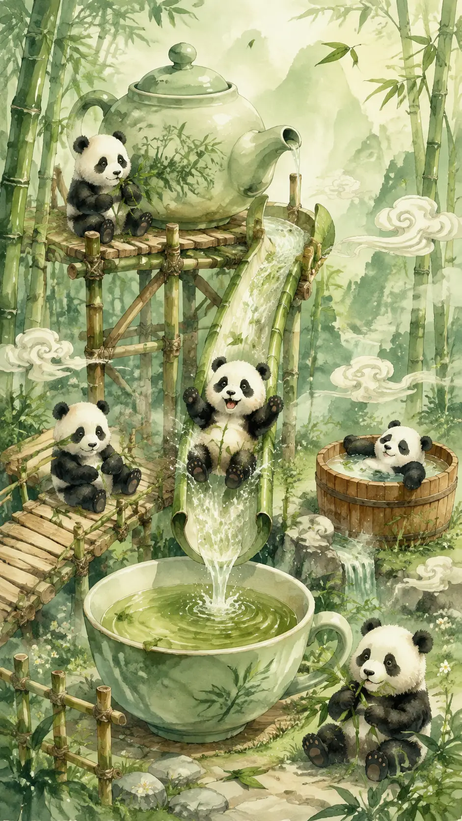 竹製茶壺遊樂場裡嬉戲的熊貓寶寶