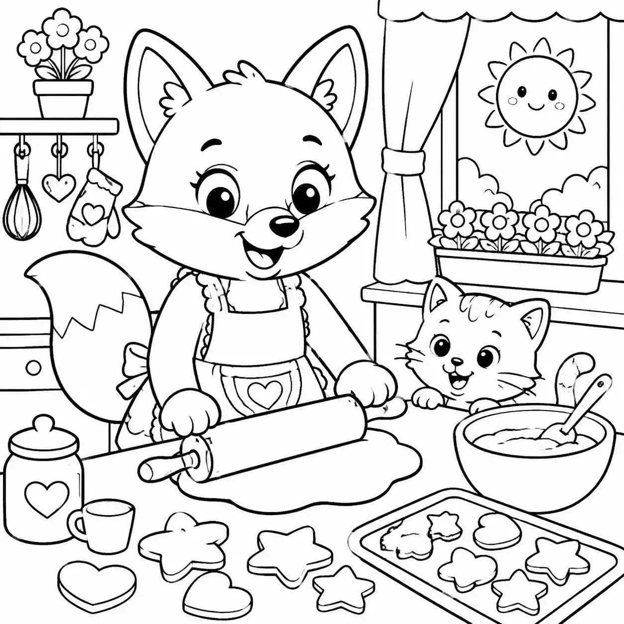 Adorable petit renard qui fait des biscuits dans une cuisine chaleureuse
