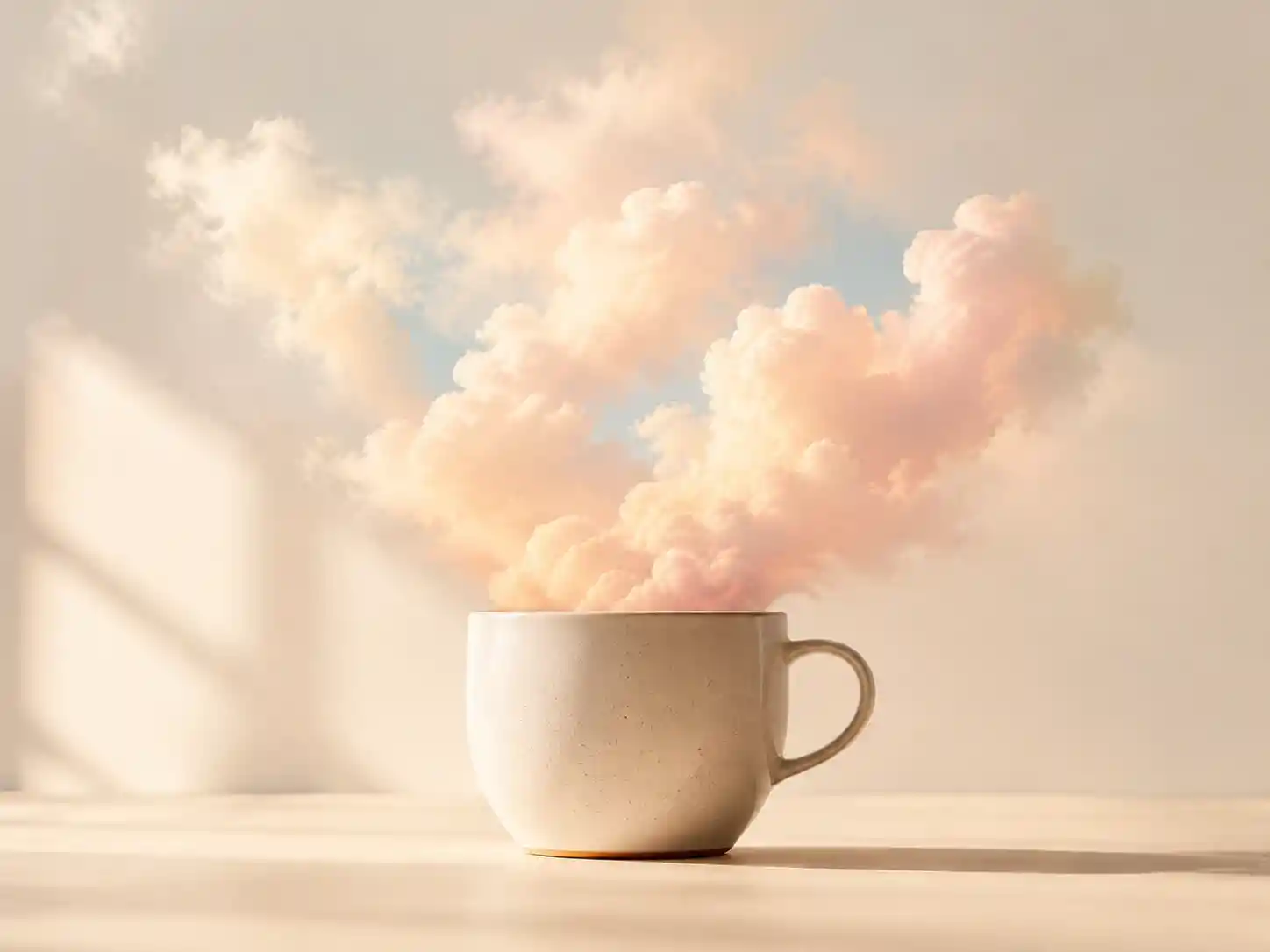 Taza de café minimalista con nube de vapor en tonos pastel