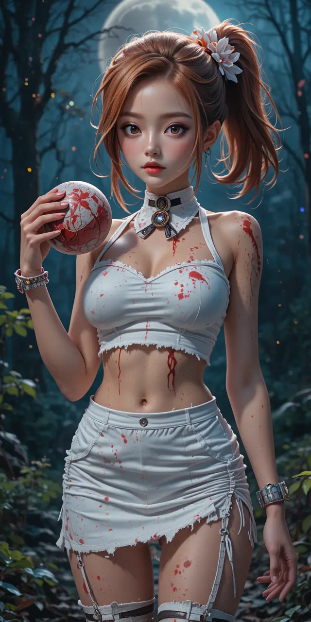 Mulher de anime em traje branco sob o céu da floresta ao luar