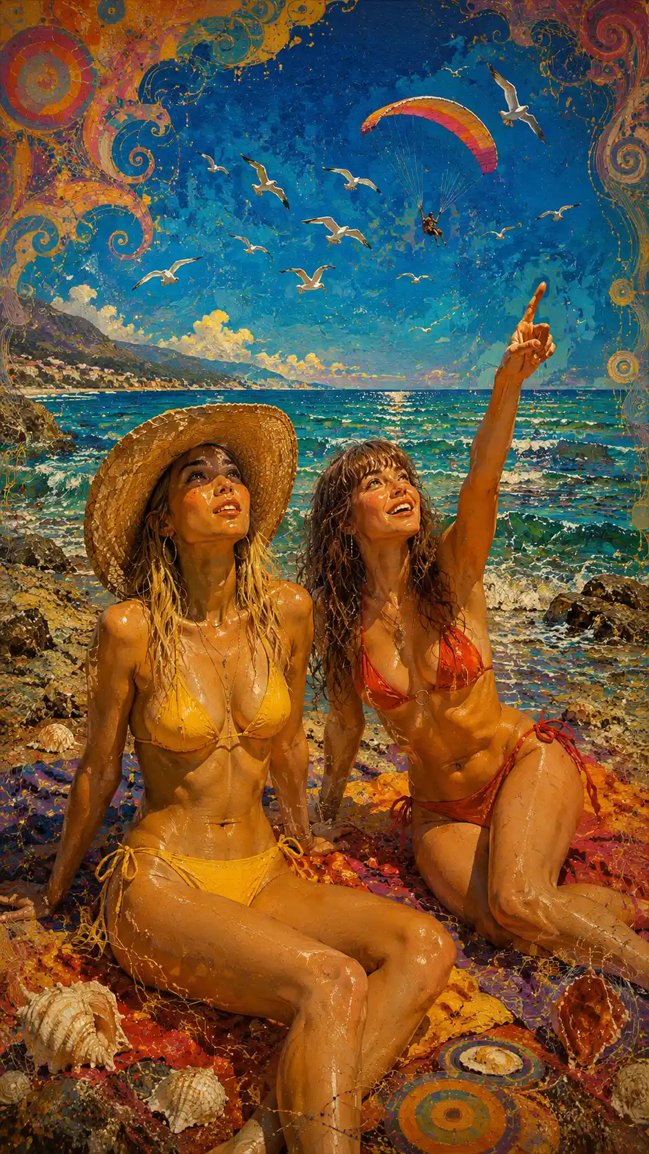 Two women relaxing on a sunlit mediterranean beach
