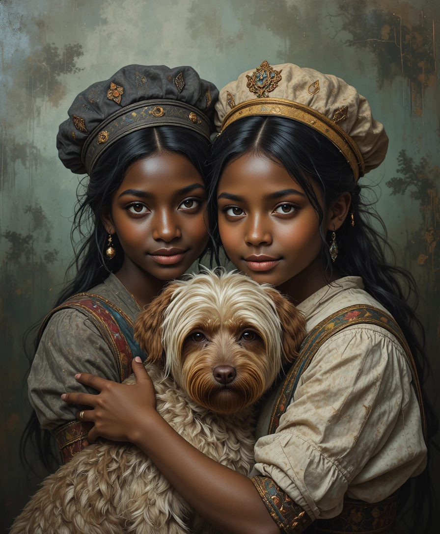 Soft lit portrait of two shy girls hugging a dog