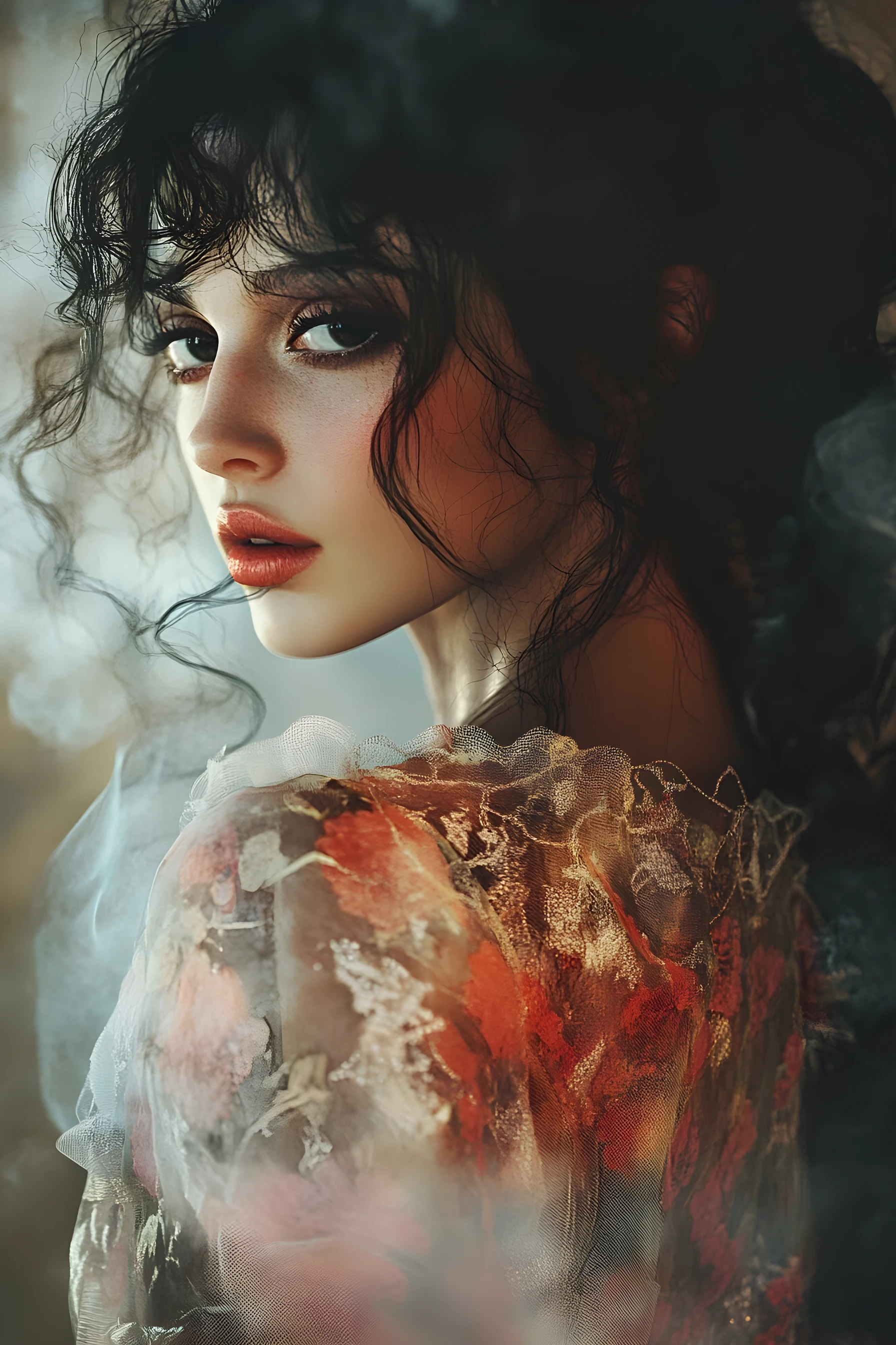 Ethereal woman in avant garde fashion with glowing eyes