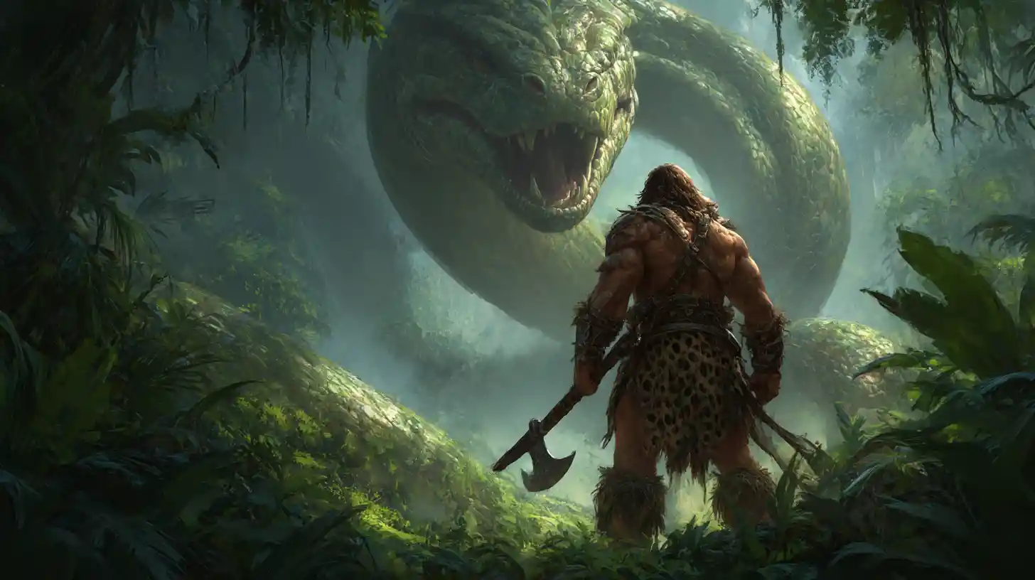 Barbarian Faces Giant Serpent In Steamy Jungle Standoff