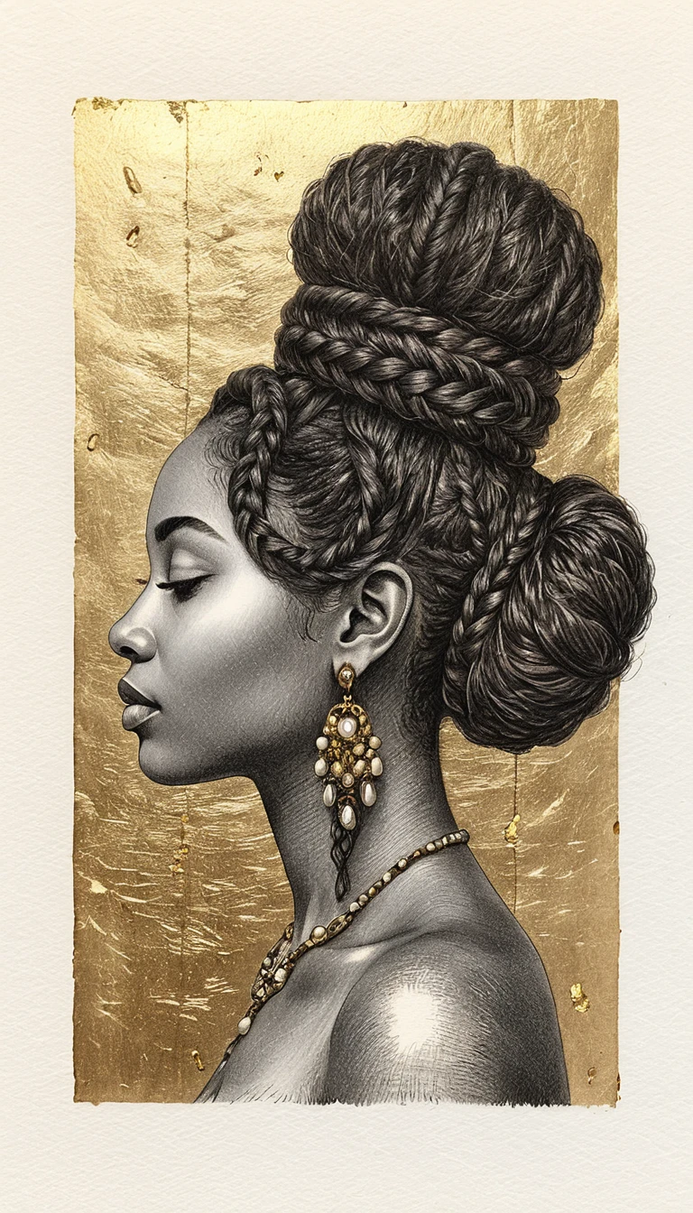 Portrait de profil au fusain d’une femme noire sereine aux cheveux sculpturaux