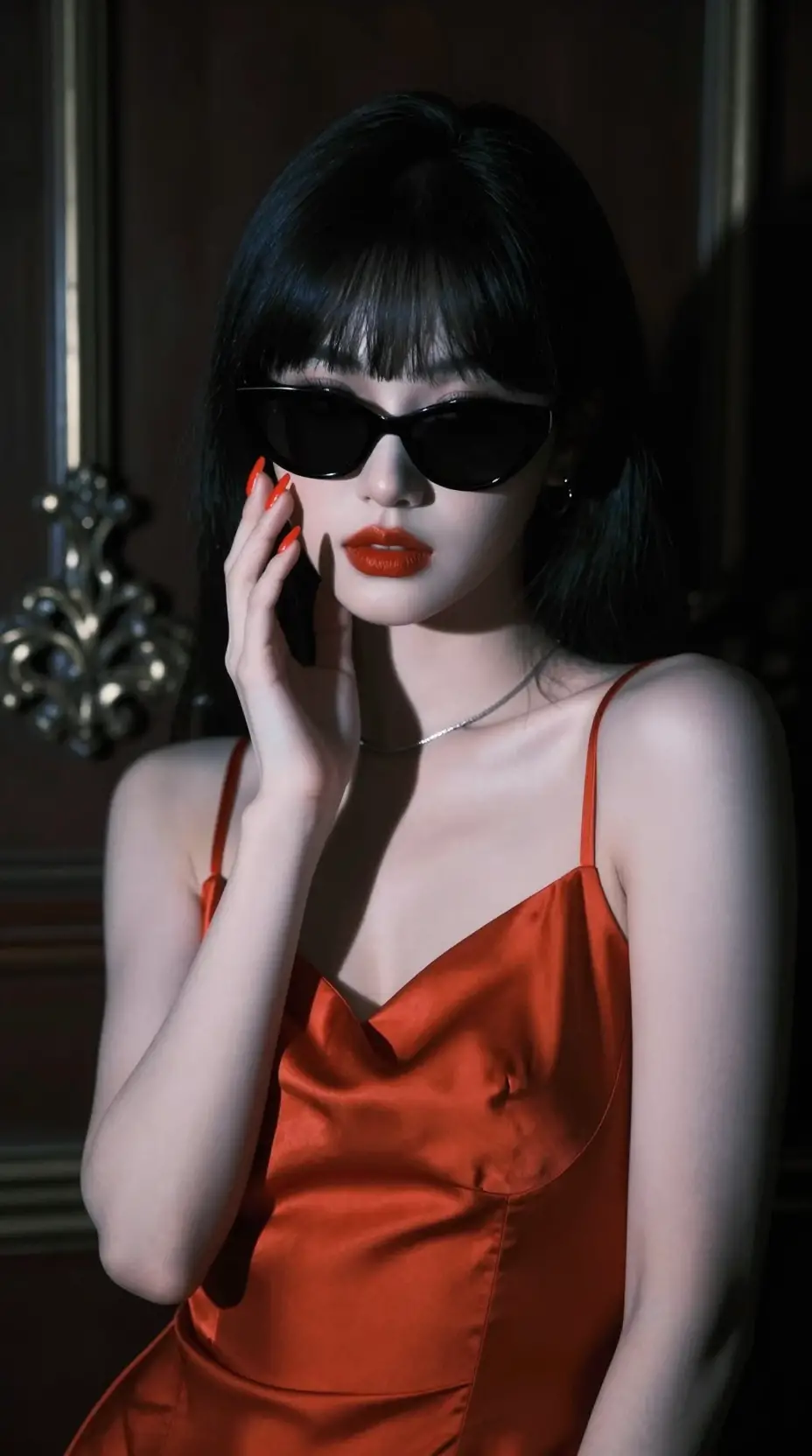 Jeune femme mystérieuse en lunettes de soleil et caraco en satin