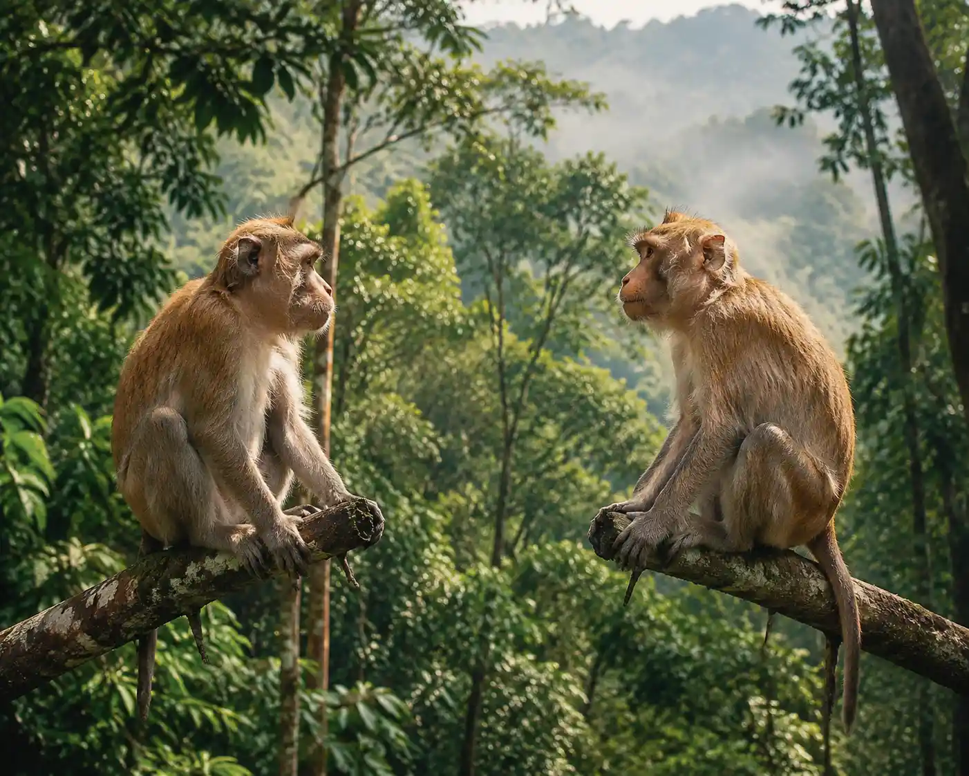 Dois macacos se encarando em galhos de árvores na selva