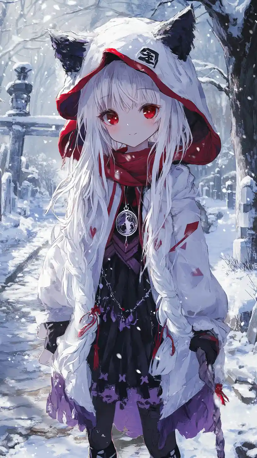 Anime girl in long white coat walking through snowy village