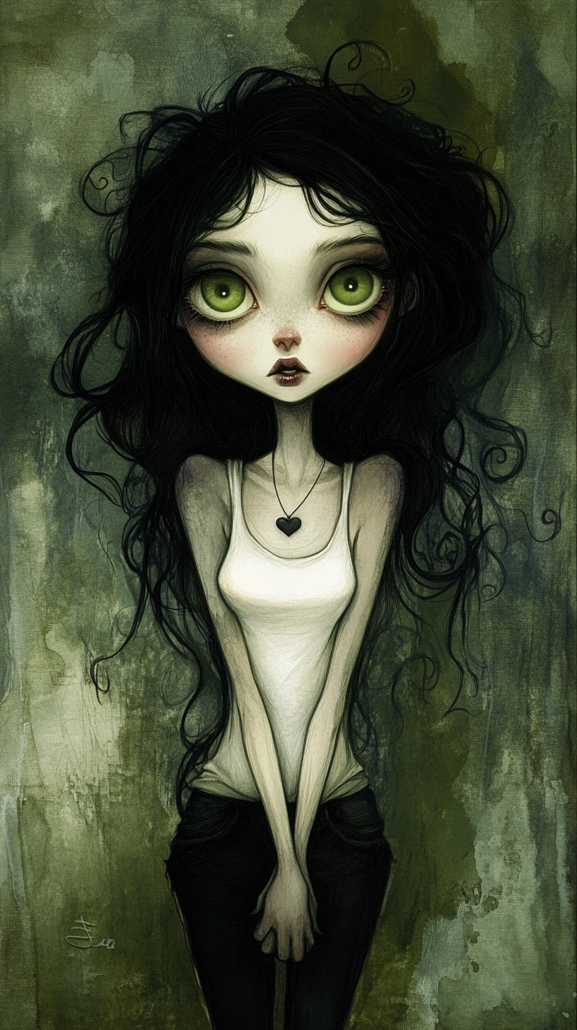 Portrait gothique en pied d’une femme pâle aux yeux grands ouverts