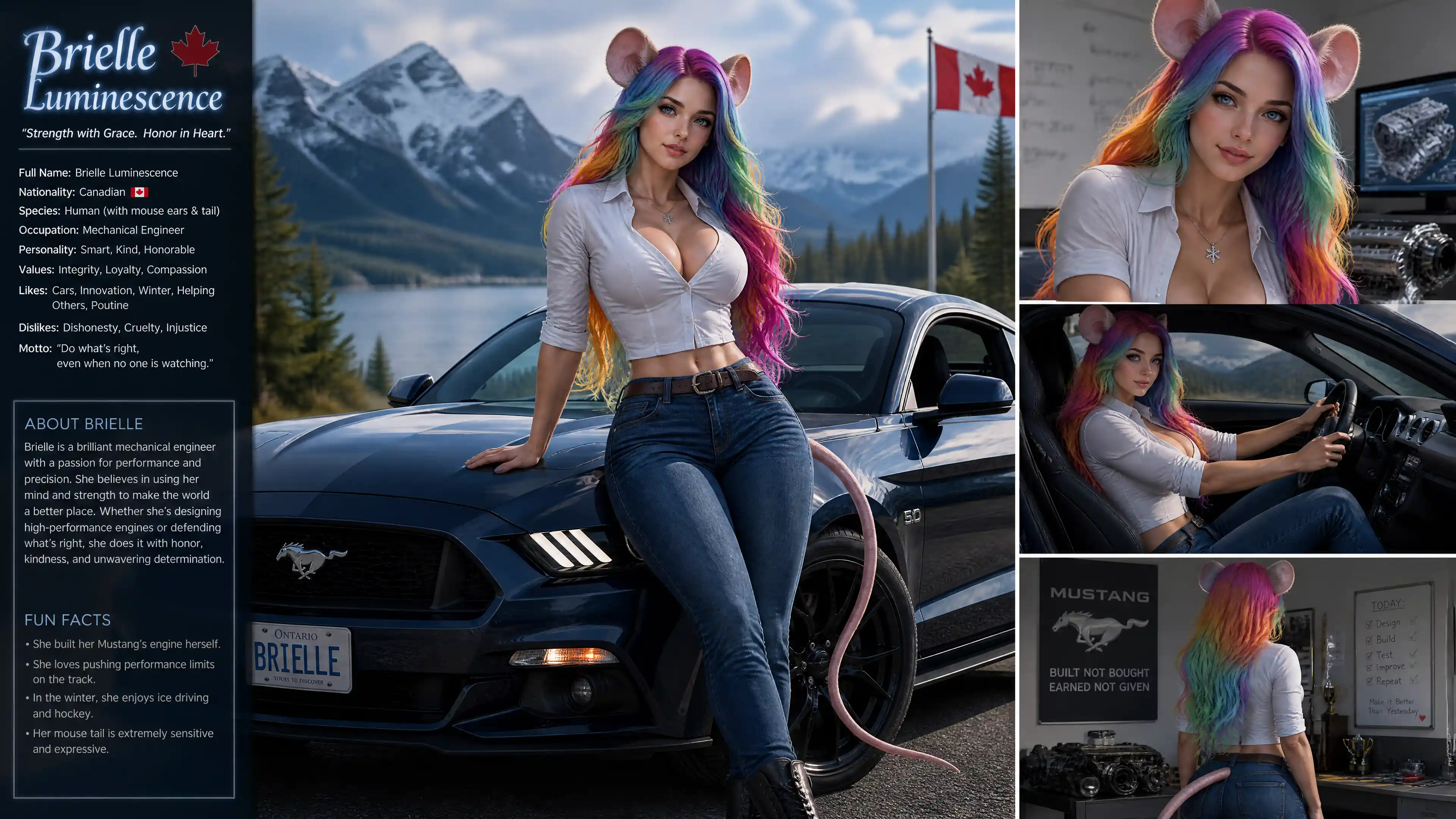 Mujer de fantasía con rasgos de ratón conduciendo un muscle car