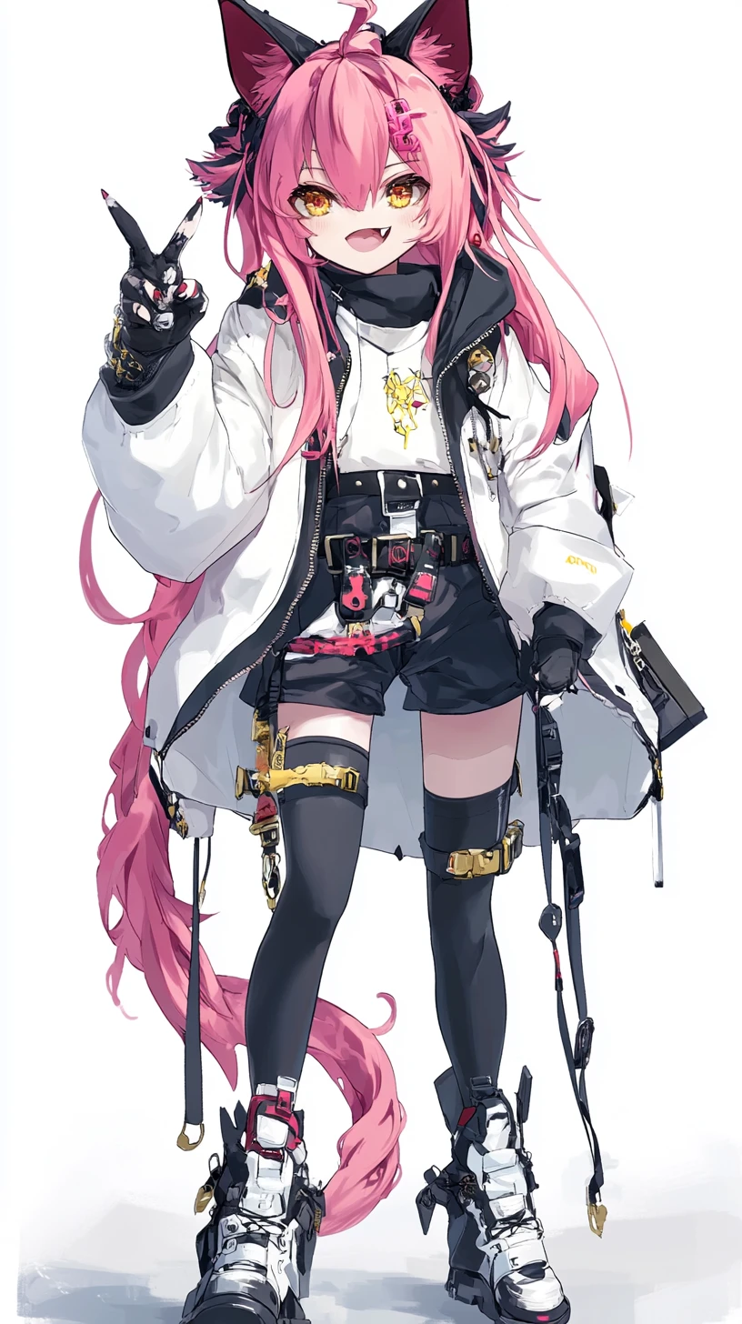 Chica de anime sonriente con corona, cuerno y trenza de cabello rosa