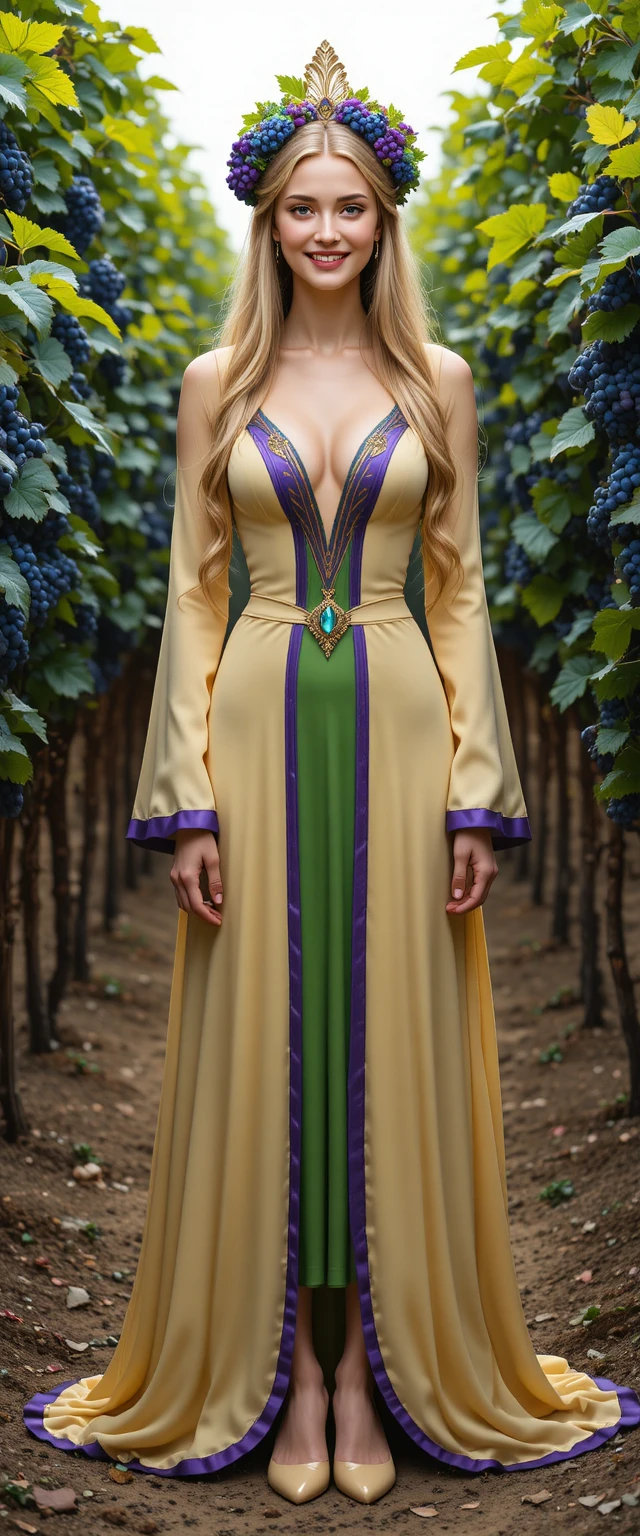 Deusa das vinhas alegre em vestido esvoaçante verde e roxo