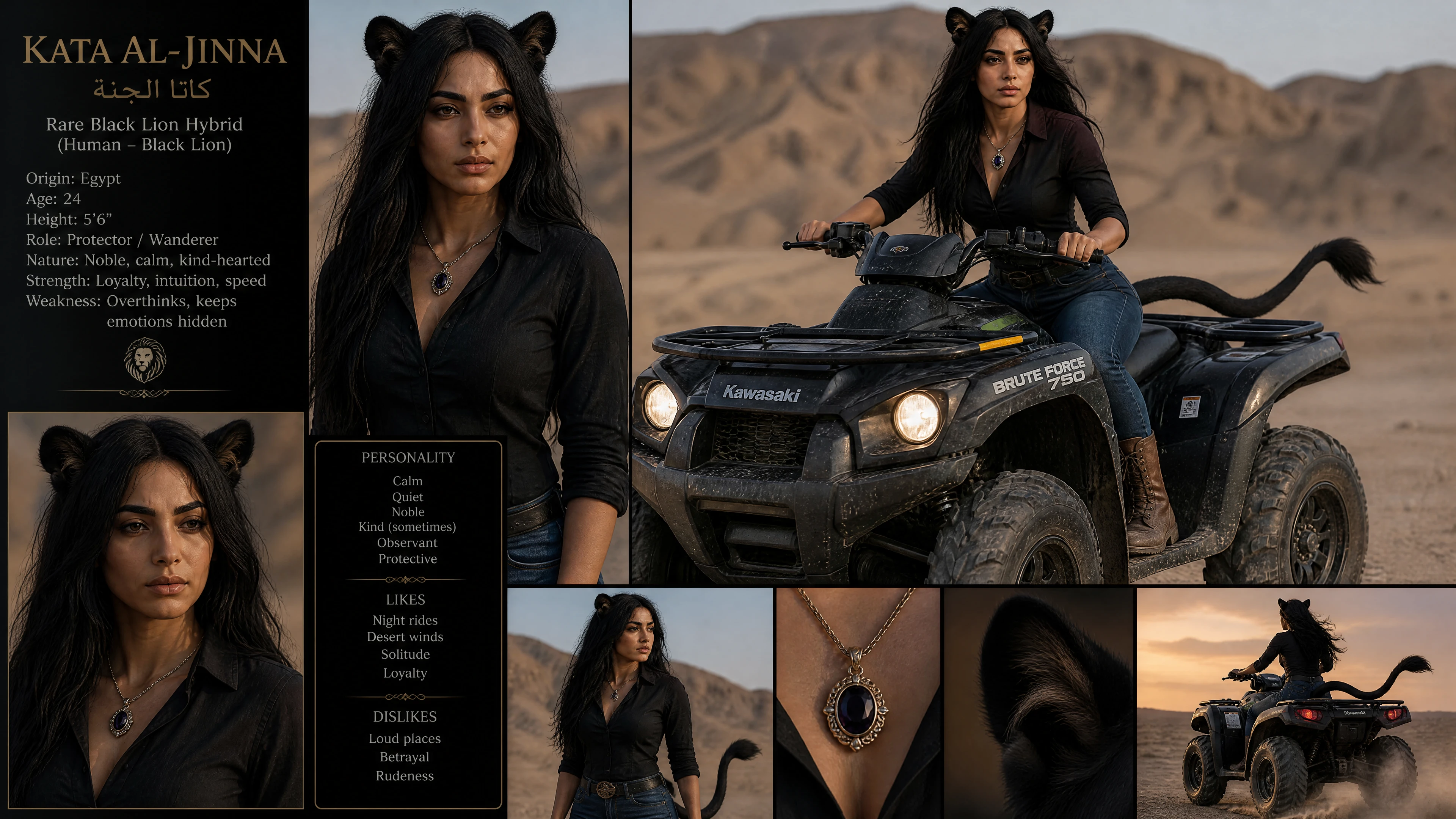 Mujer de fantasía tranquila con rasgos de león negro en un ATV