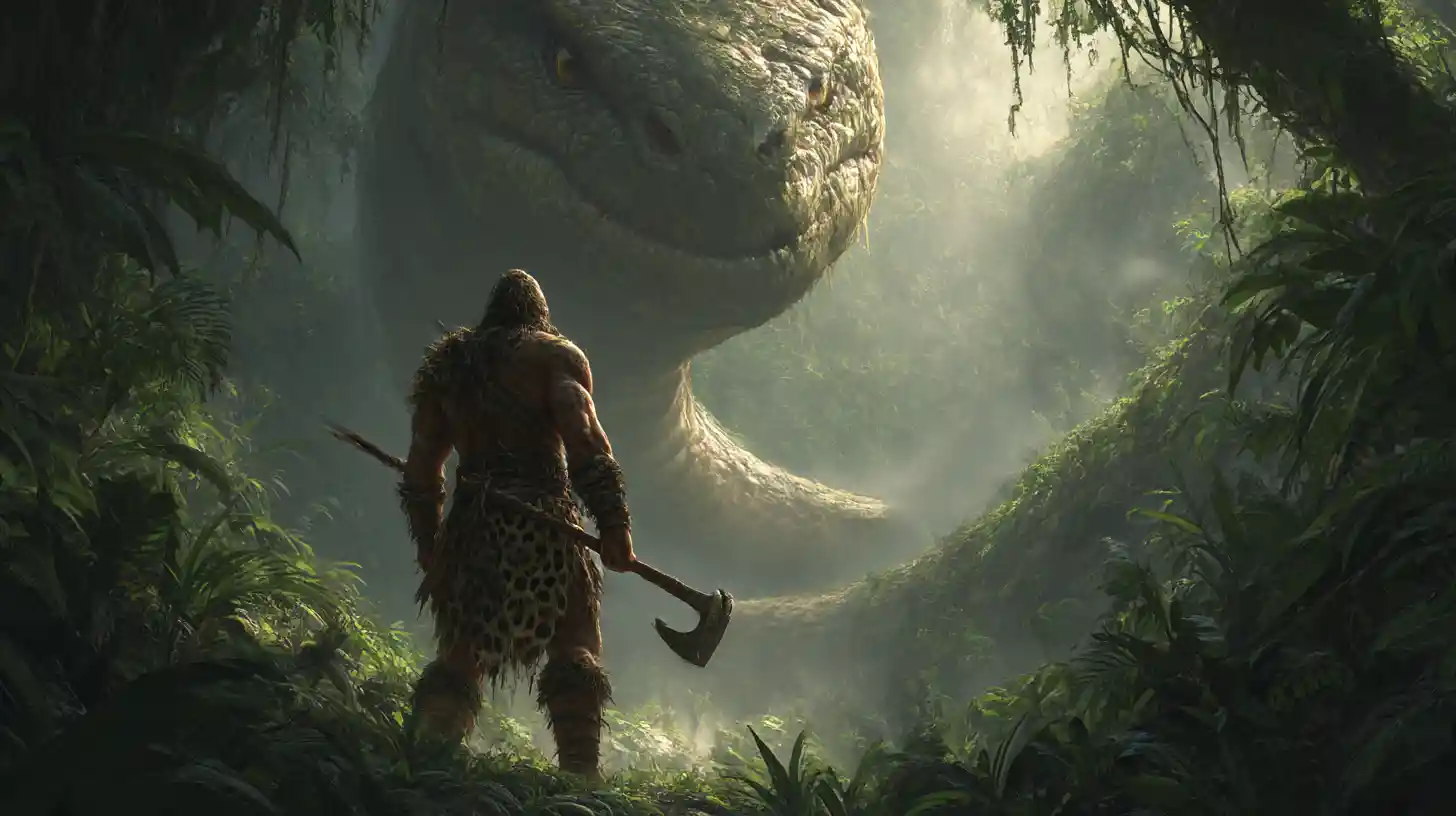 Barbarian Faces Giant Serpent In Steamy Jungle