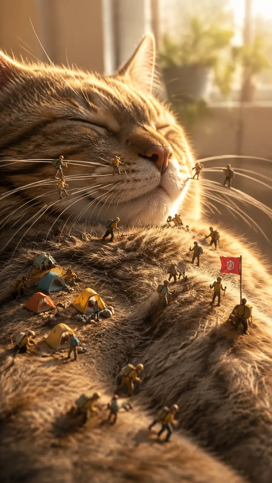 Minúsculos alpinistas exploram um gato adormecido como uma montanha peluda