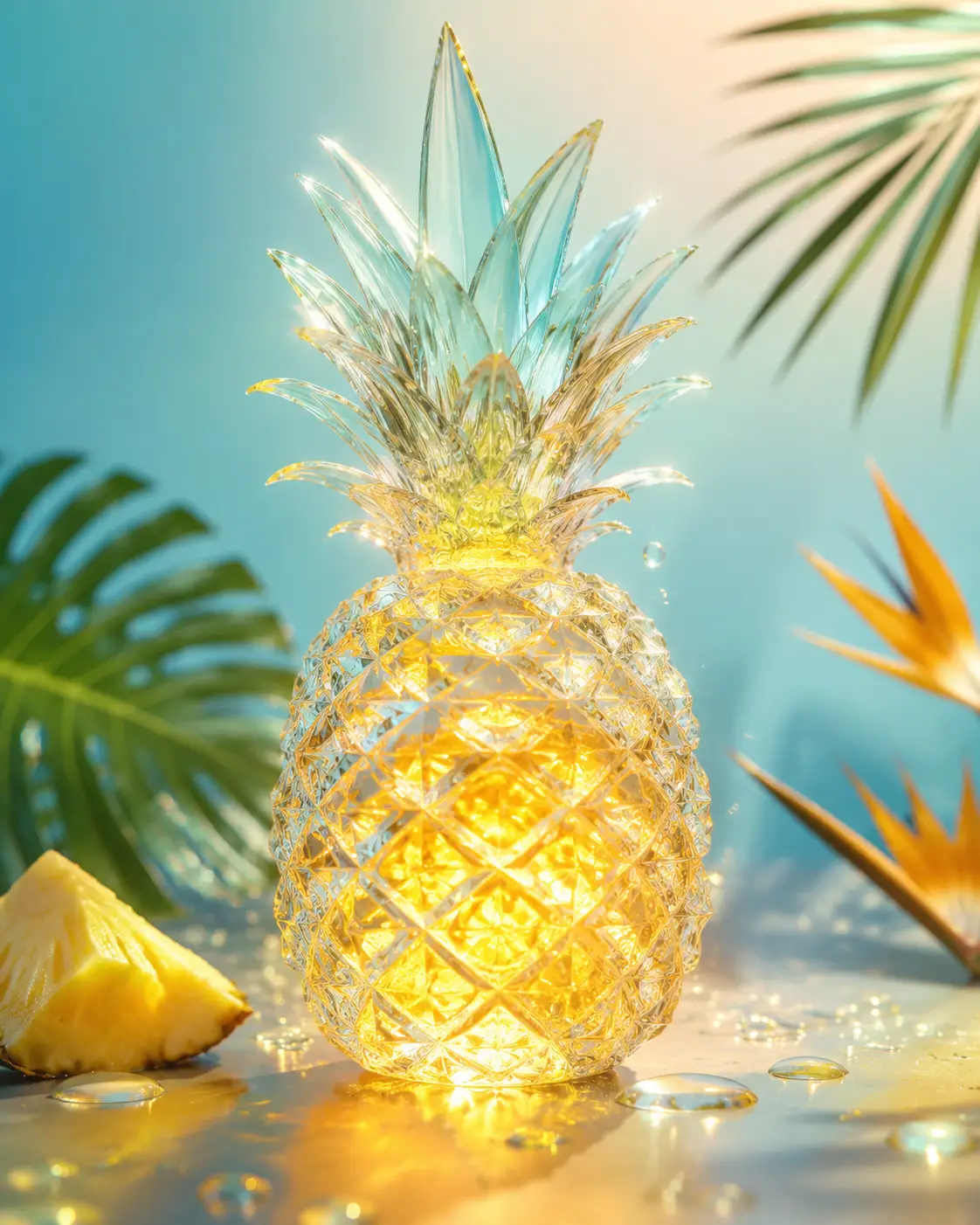 Escultura de abacaxi de vidro com núcleo de fruta dourado e luminoso