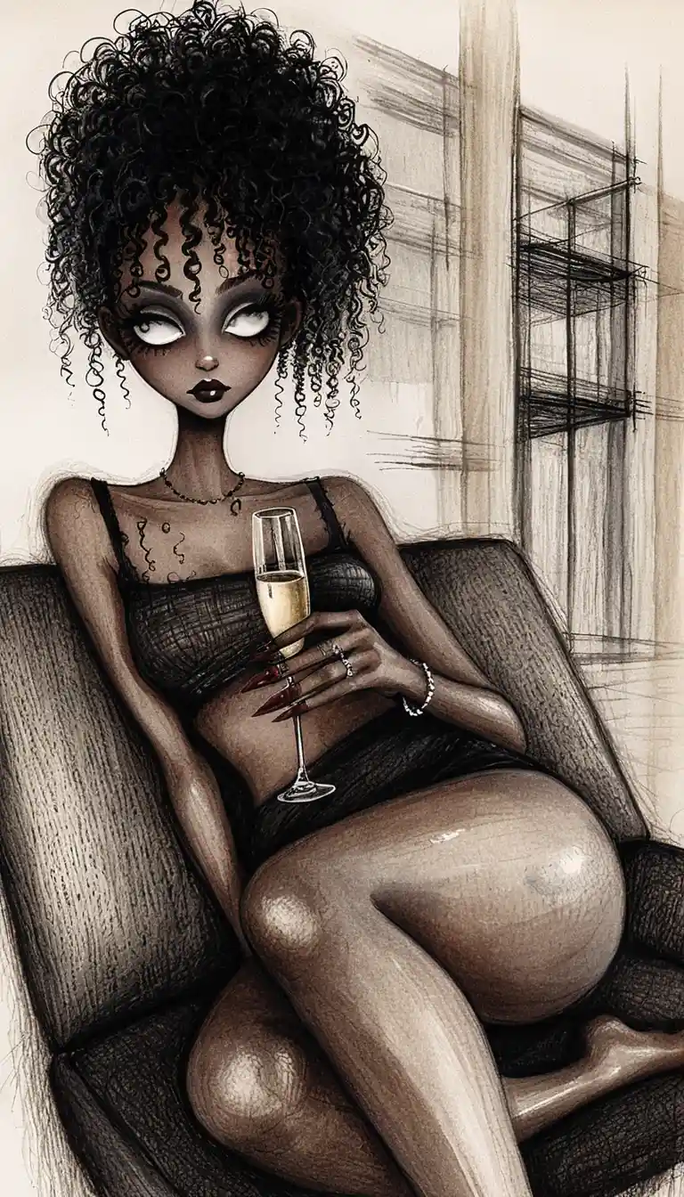 Femme noire détendue sur canapé sombre – illustration à l’encre