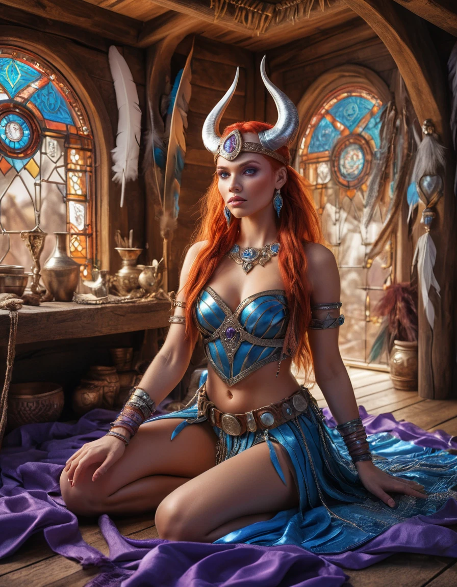 Deusa guerreira nórdica relaxando no boudoir de um salão viking