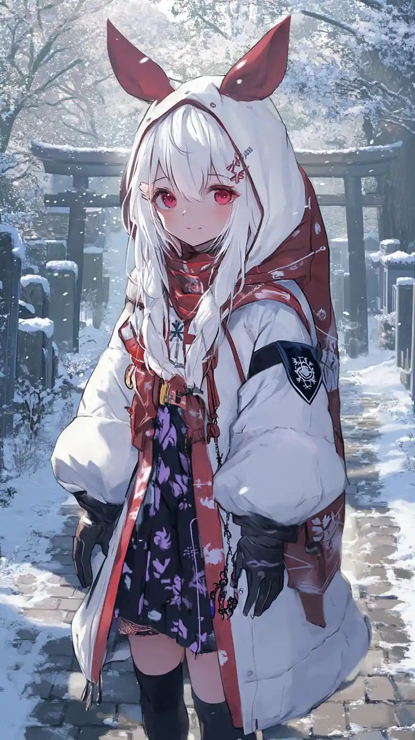 Chica de anime con largo abrigo blanco caminando por un pueblo nevado