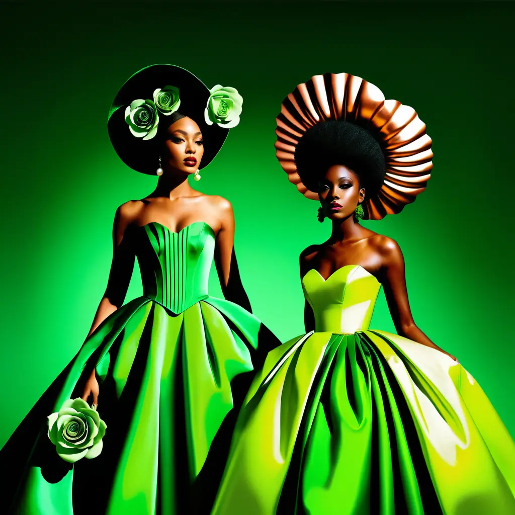 Two couture clad women in surreal floral gowns