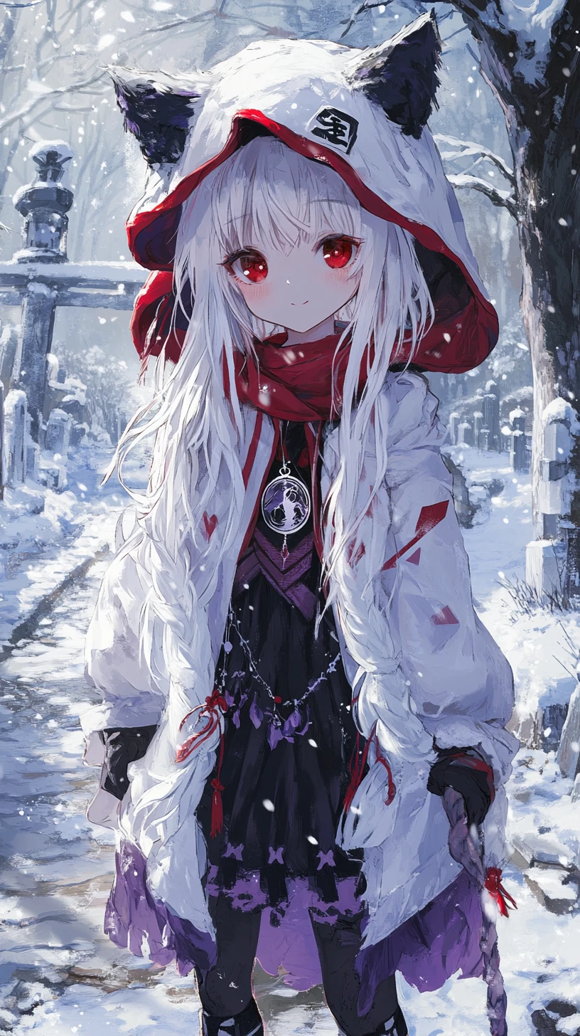 Chica de anime con largo abrigo blanco caminando por un pueblo nevado