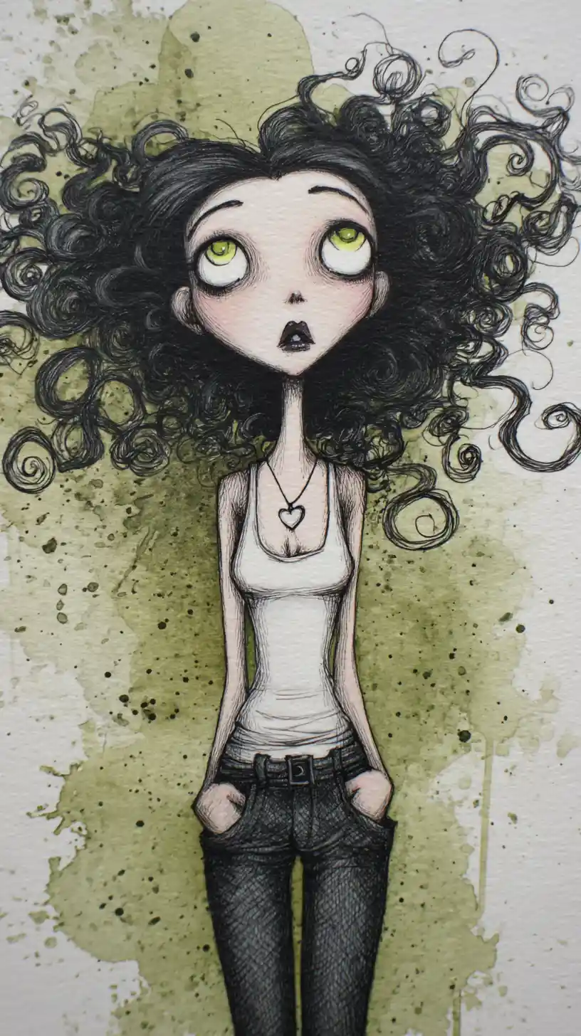 Gothic full body portrait of a pale woman with wild hair