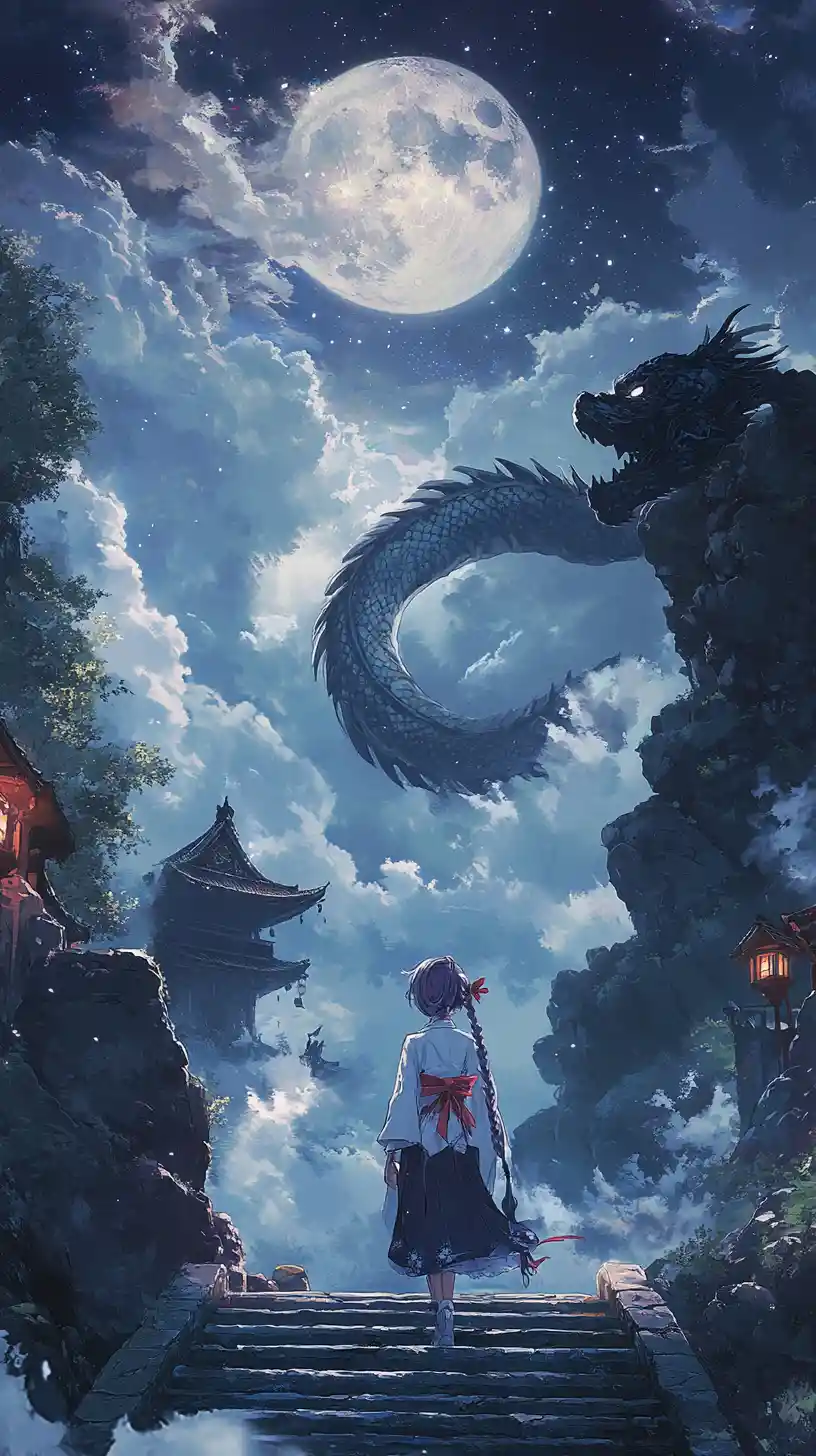 Chica de anime en escaleras de piedra bajo un cielo nocturno iluminado por un dragón