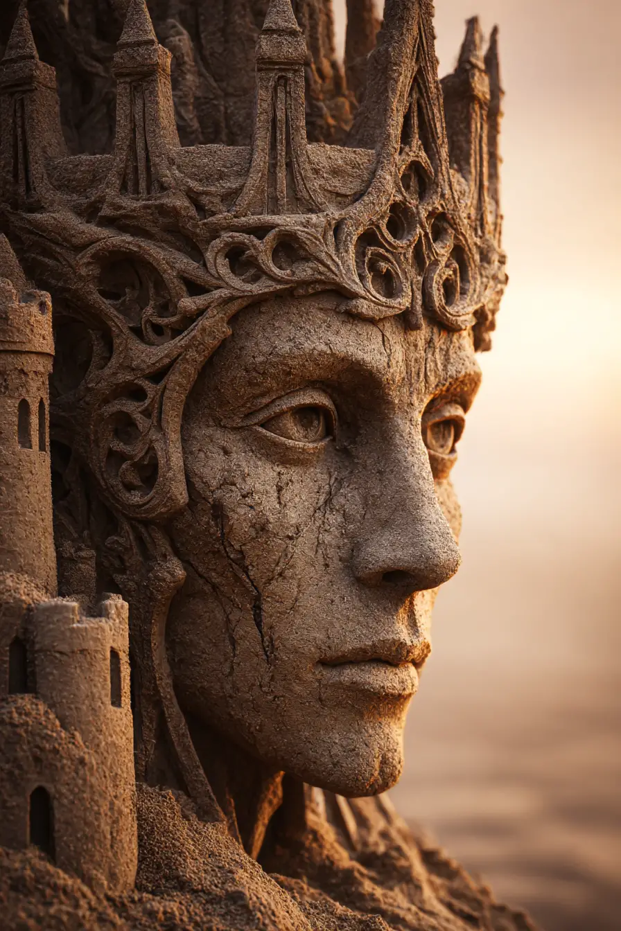 Retrato de castelo de areia gótico brilhando em uma praia sombria