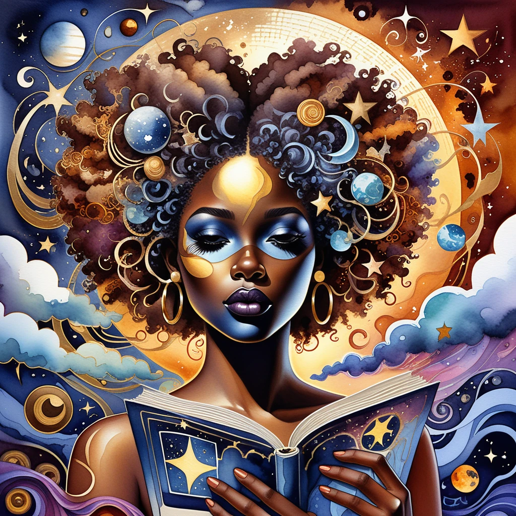 Retrato en acuarela de una mujer leyendo con afro cósmico