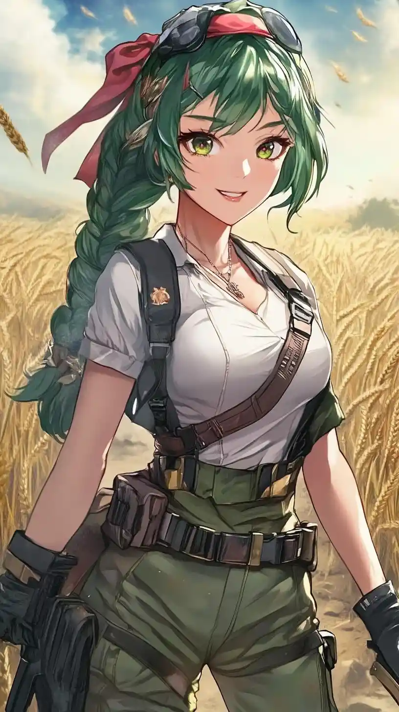 Anime girl with green hair and stars at dusk road