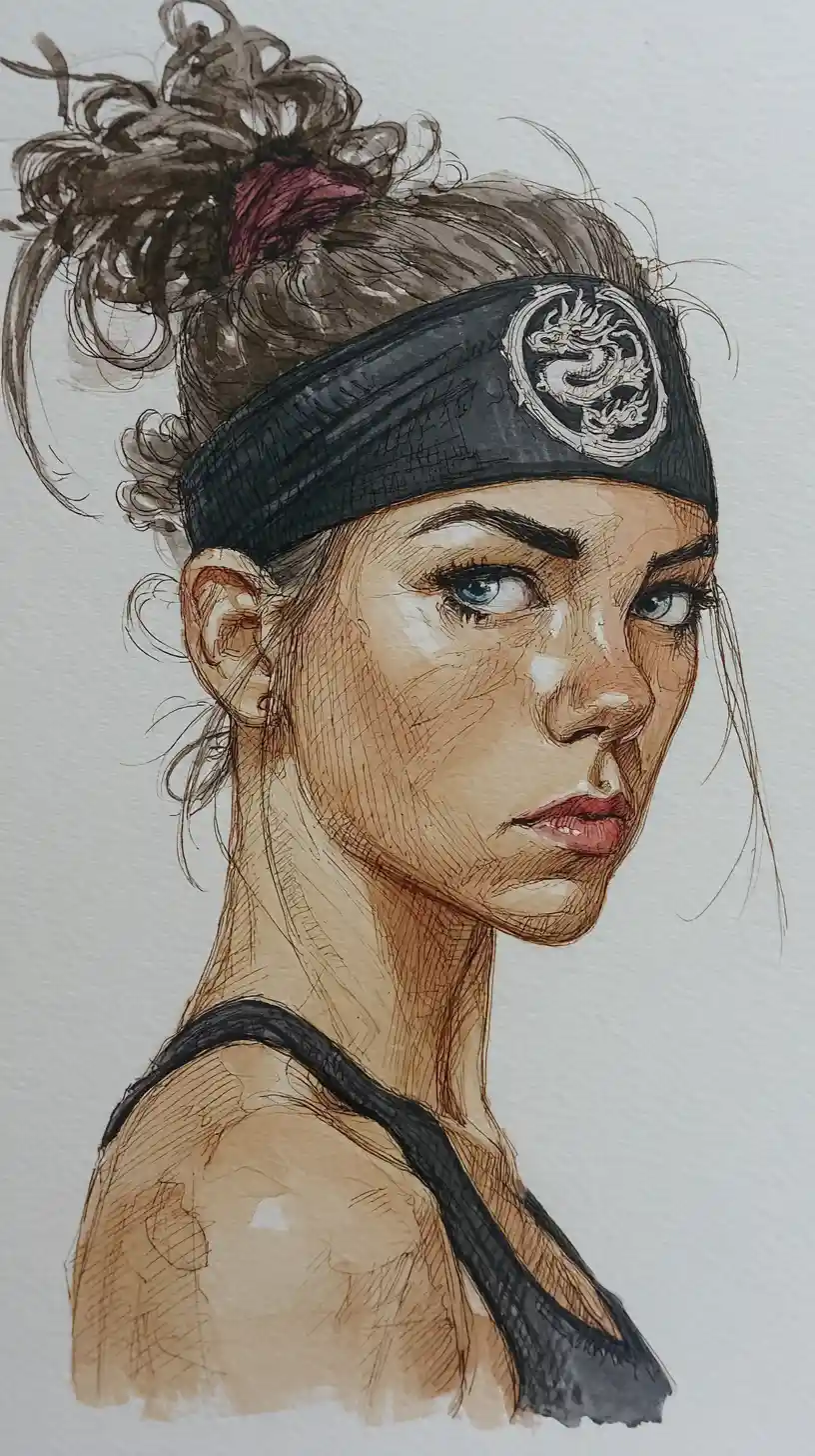 Retrato intenso de mujer atlética en boceto técnico a la acuarela