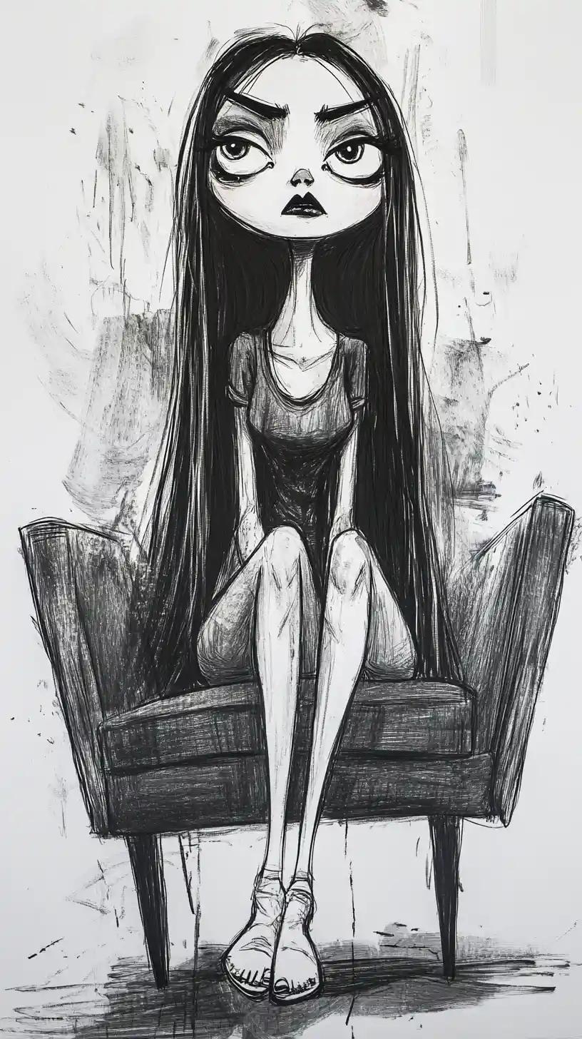 Illustration à l’encre atmosphérique d’une femme dans un fauteuil moderne