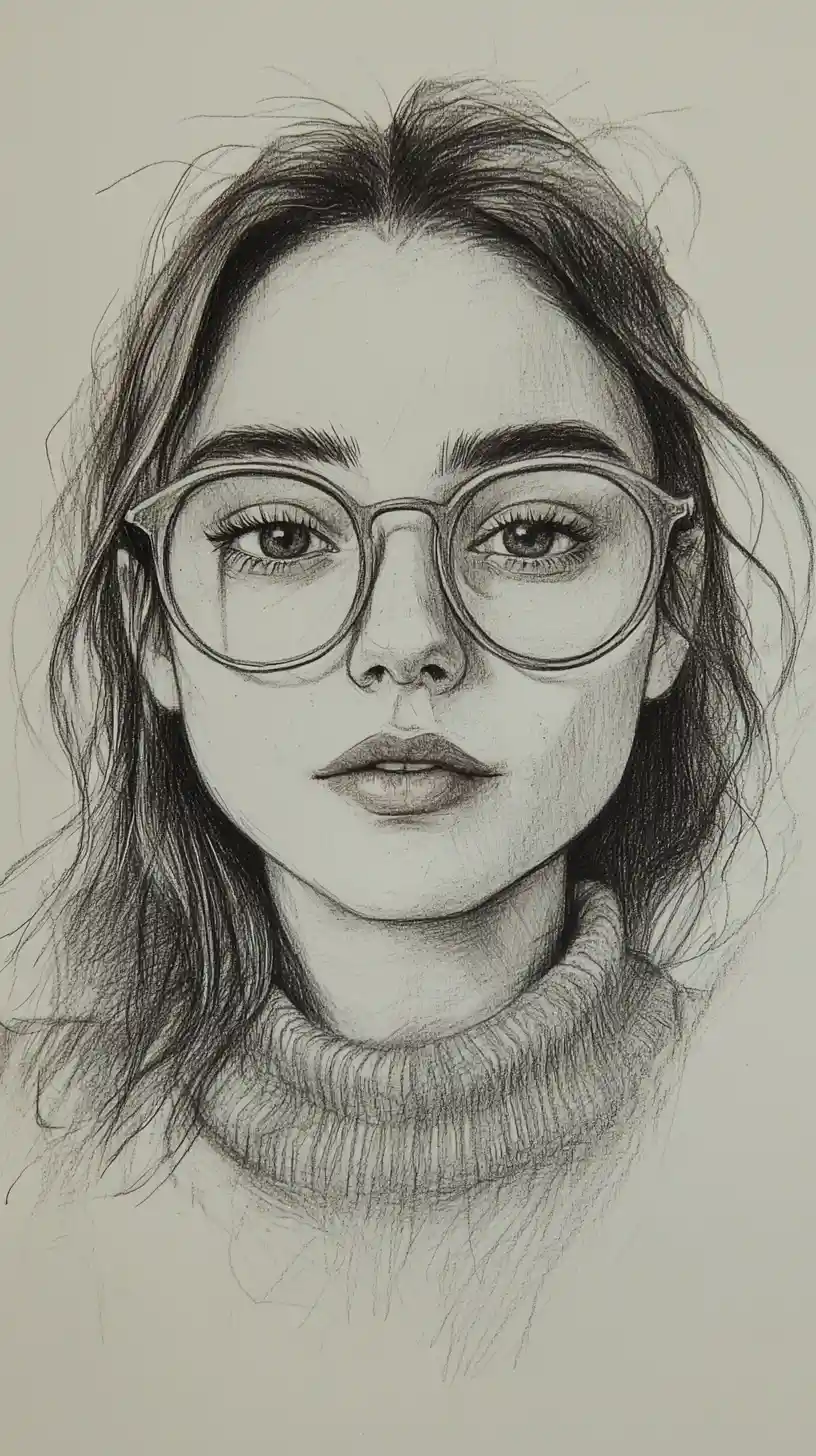Stylized pencil portrait of a girl with oversized round glasses