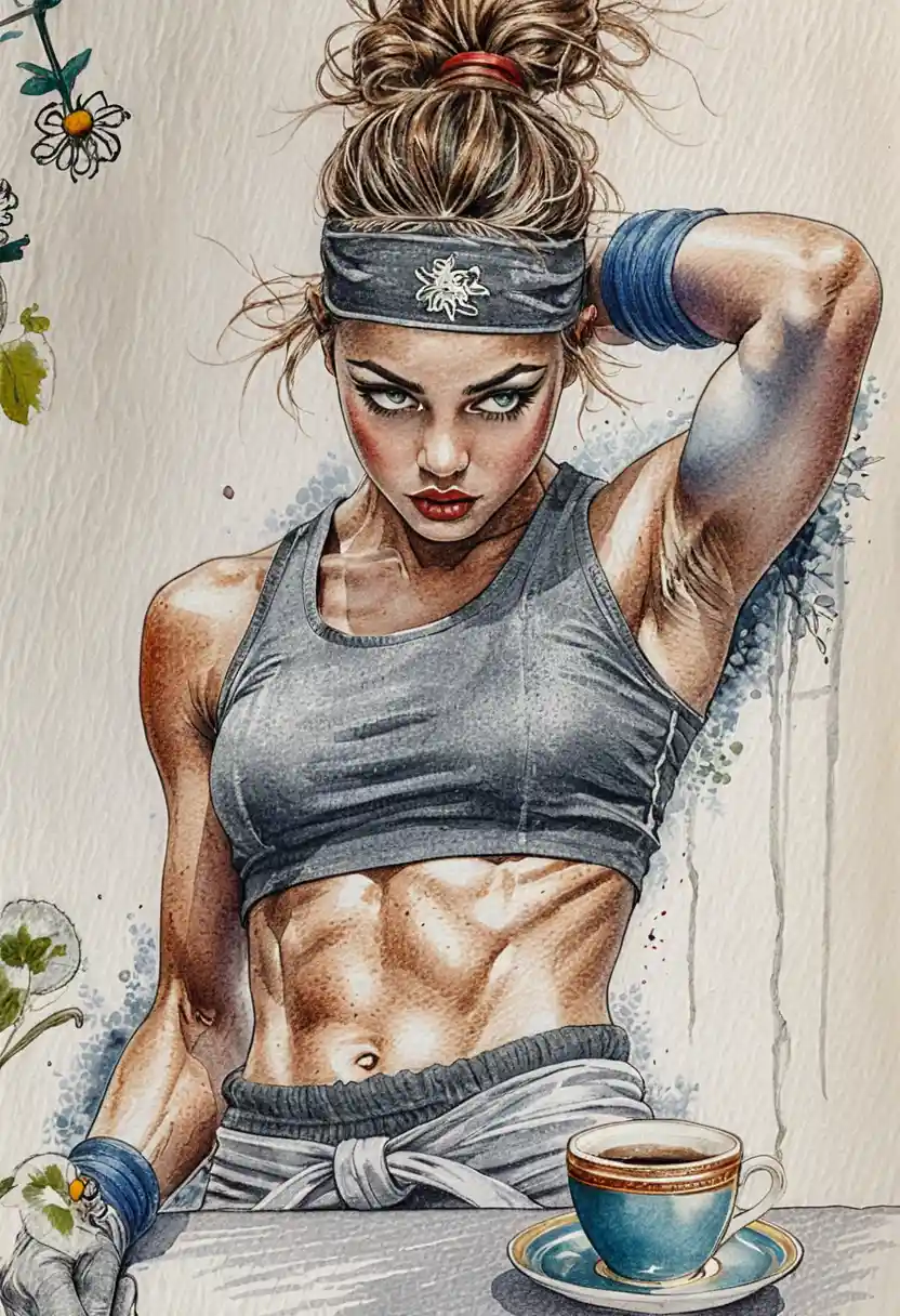 Intense athletic woman portrait in technical sketch style