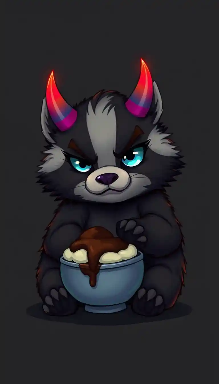 Cute horned creature guarding a messy tiramisu bowl