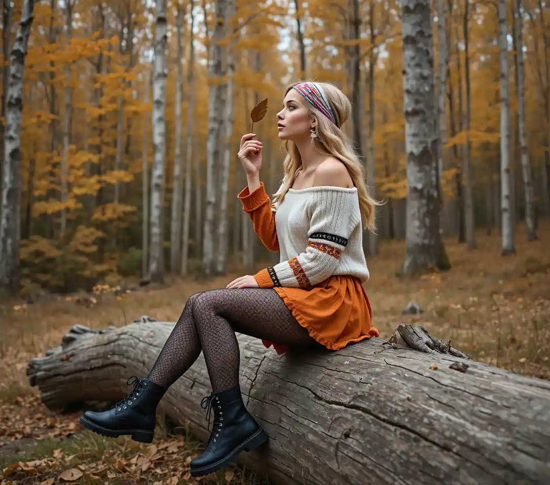 Young woman in autumn forest sitting on fallen log