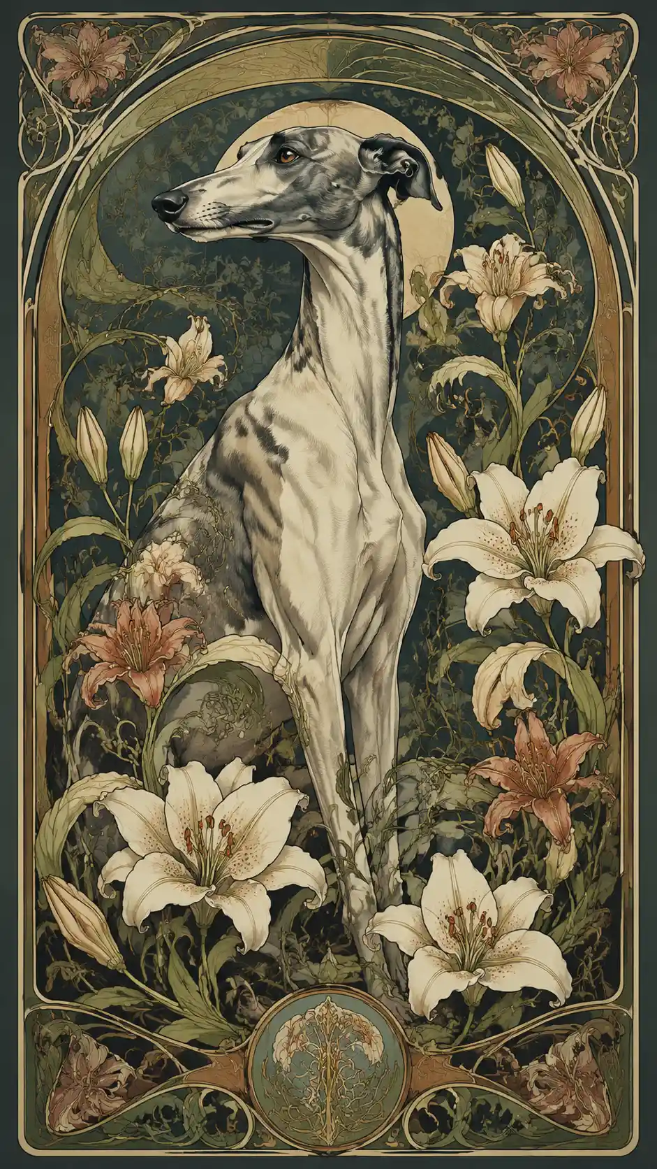 Elegant greyhound with lilies in art nouveau illustration