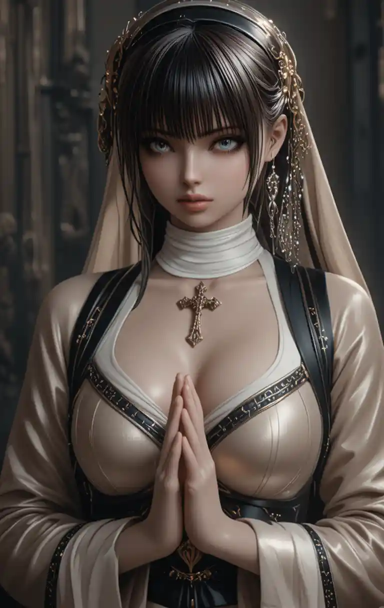 Praying nun with cross in stylized sepia metallic tones